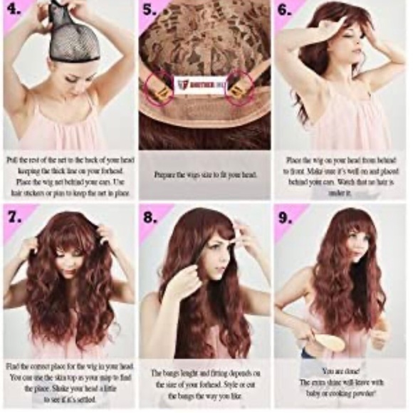 25” Dark Red Wine Long Heat Resistant Fiber Wig with Bangs - Picture 16 of 16